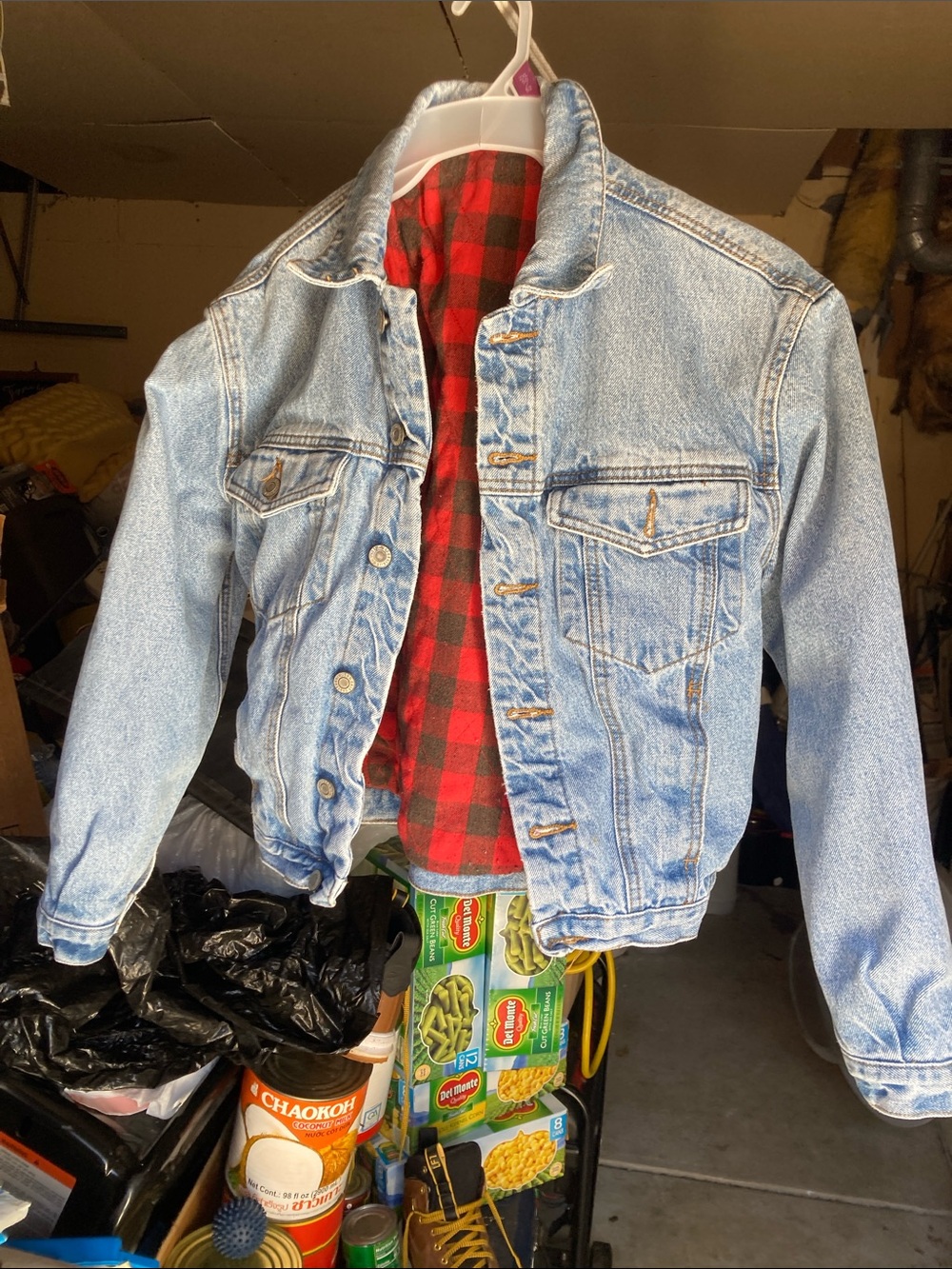 Light Wash Denim Jean Jacket with Red Plaid Lining
